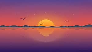 Serene Flat Vector Sunset Over Calm Water With Flying Birds And Distant Hills HD wallpaper