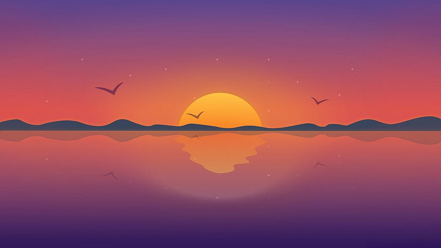 Serene Flat Vector Sunset Over Calm Water With Flying Birds And Distant Hills HD wallpaper