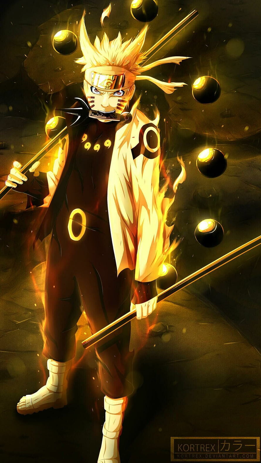 Naruto Uzumaki in Baryon Mode with golden chakra aura and floating orbs HD phone wallpaper