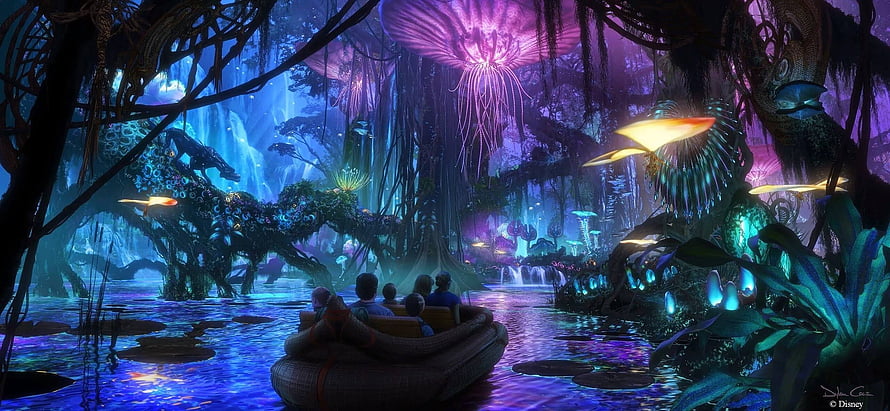 Avatar Pandora concept art featuring a boat ride through bioluminescent jungle with glowing flora and alien creatures HD wallpaper