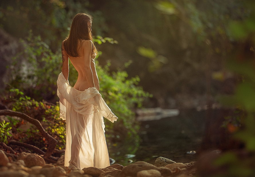 Ethereal woman in flowing white dress standing by a sunlit forest stream, Ethereal Girl, girl, fantassy, ethereal, woman, graphy, art, , beautiful, serene, lamamake, nature HD wallpaper