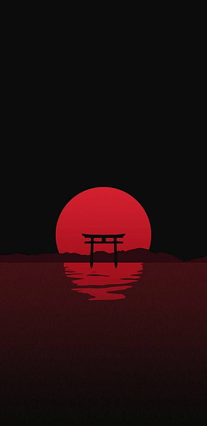 Minimalist Red Torii Gate Silhouette Against Dark Sunset Sky HD phone wallpaper