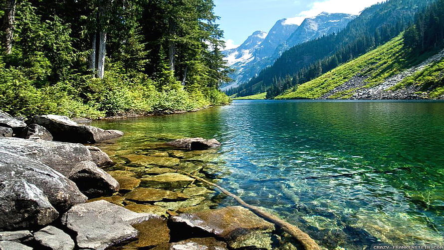 Crystal Clear Alpine Lake Surrounded by Lush Green Forest and Rocky Mountains HD wallpaper