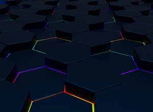 Abstract 3D Hexagon Grid With Neon Rainbow Glowing Edges On Dark Background HD wallpaper