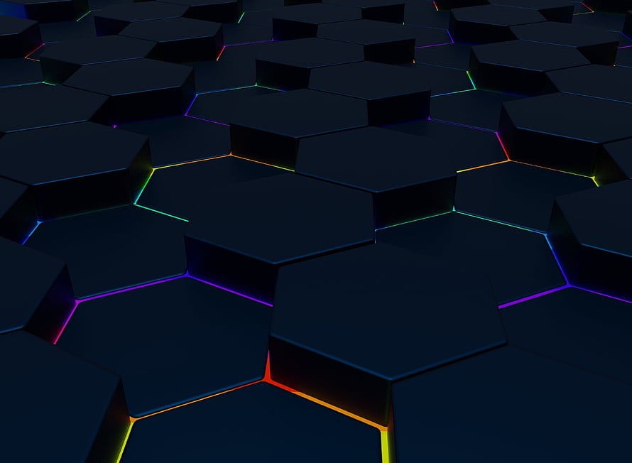 Abstract 3D Hexagon Grid With Neon Rainbow Glowing Edges On Dark Background HD wallpaper