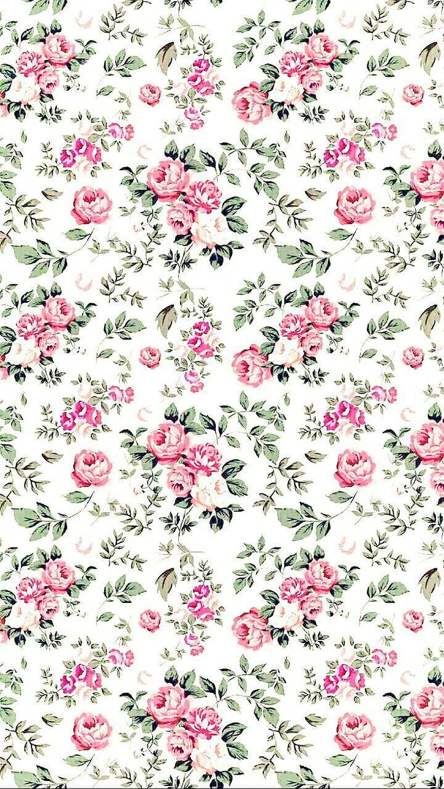 Vintage Pink Rose Floral Pattern Wallpaper with Green Leaves HD phone wallpaper