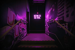 Neon Pink Staircase With Graffiti Walls And Nothing To See Here Sign HD wallpaper