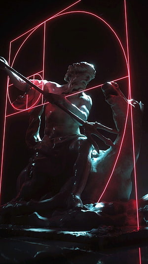 Poseidon Statue with Red Neon Geometry in Dark Vaporwave Aesthetic HD phone wallpaper