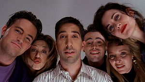 Friends TV Series Cast Group Portrait with Playful Expressions HD wallpaper
