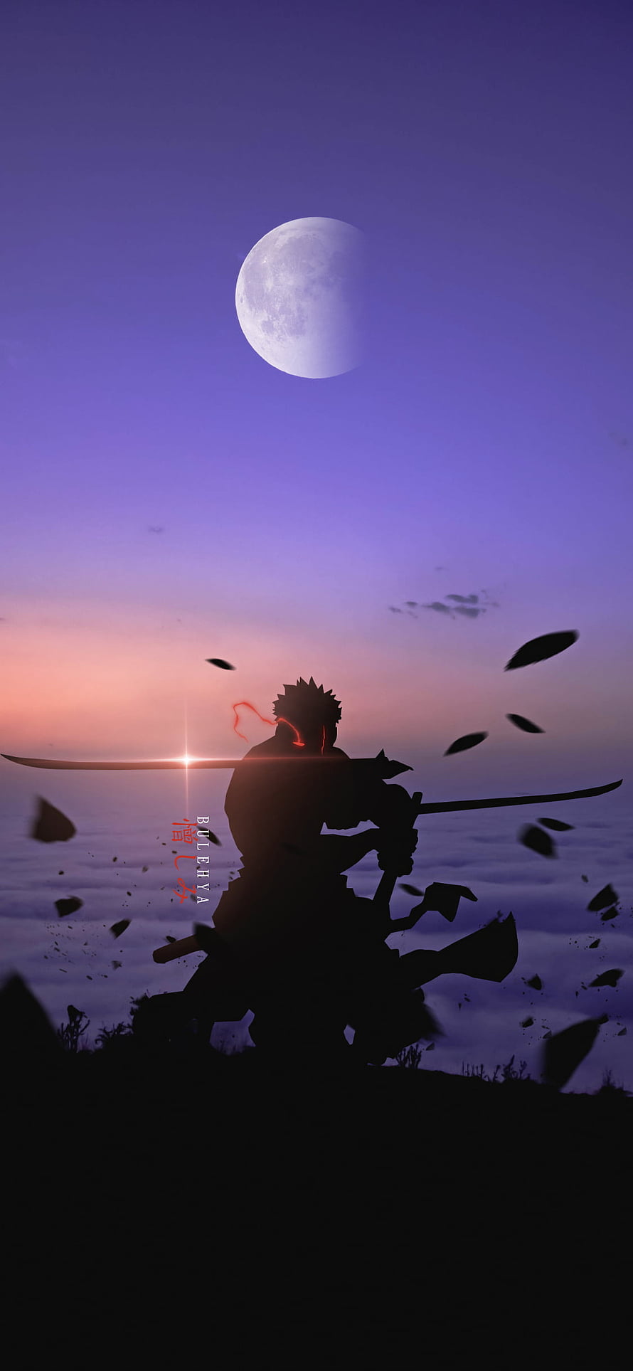 Silhouette of Naruto wielding a sword against a purple twilight sky with a large moon HD phone wallpaper
