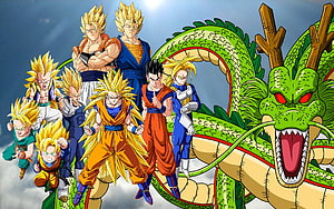 Dragon Ball Z Super Saiyan Warriors and Shenron Dragon Group Illustration HD wallpaper