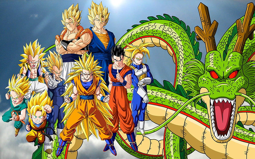 Dragon Ball Z Super Saiyan Warriors and Shenron Dragon Group Illustration HD wallpaper