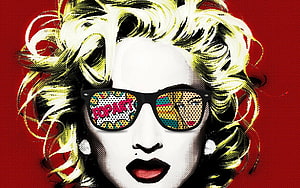 Madonna Pop Art Portrait with Sunglasses and Halftone Pattern on Red Background HD wallpaper