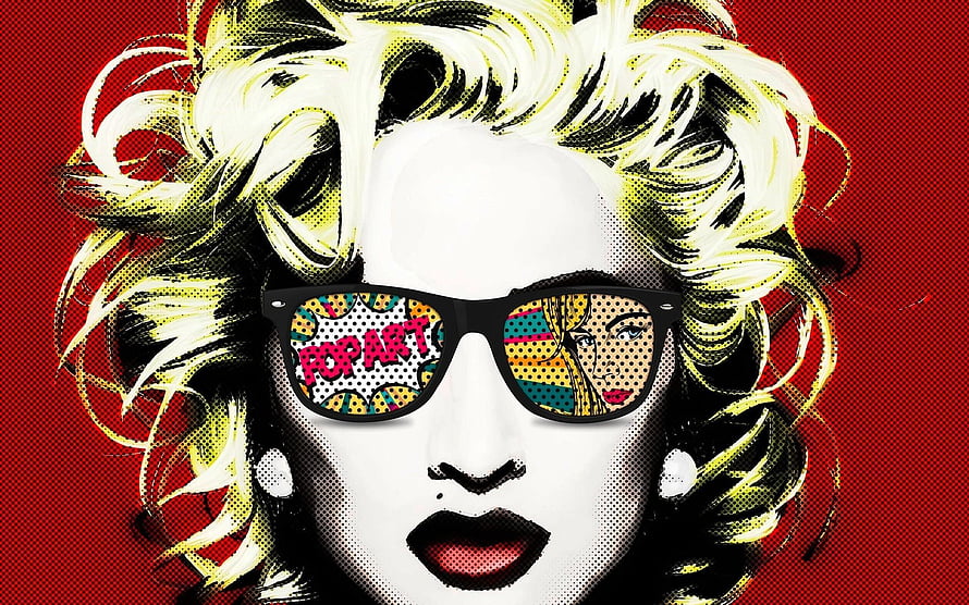 Madonna Pop Art Portrait with Sunglasses and Halftone Pattern on Red Background HD wallpaper