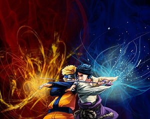 Naruto Uzumaki and Sasuke Uchiha Back to Back Anime Battle Wallpaper HD wallpaper