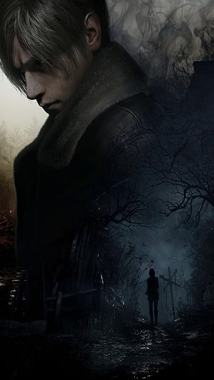 Leon S. Kennedy in Fur Coat with Dark Forest Background HD phone wallpaper
