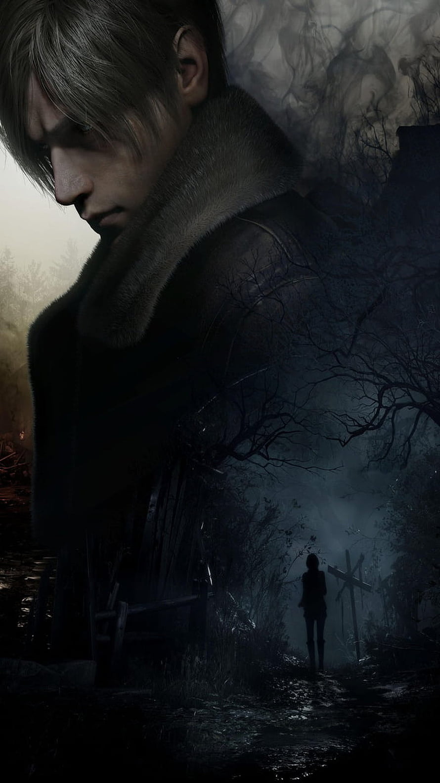 Leon S. Kennedy in Fur Coat with Dark Forest Background HD phone wallpaper