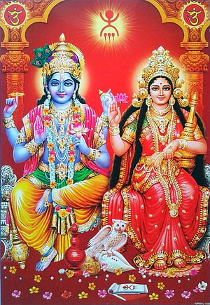 Lakshmi Narayan Divine Couple with Owl and Sacred Symbols in Traditional Indian Art HD phone wallpaper