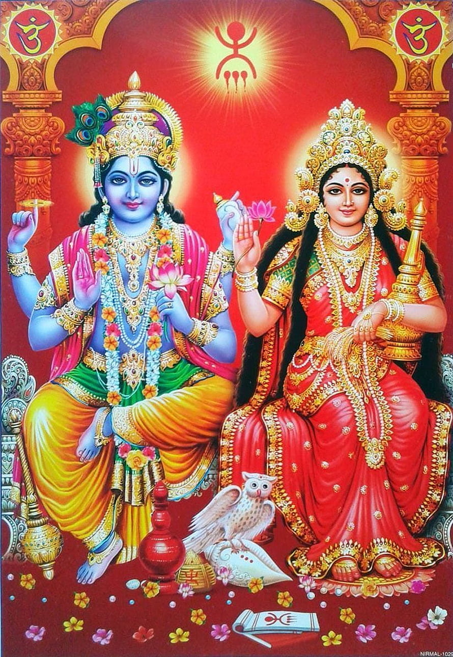 Lakshmi Narayan Divine Couple with Owl and Sacred Symbols in Traditional Indian Art HD phone wallpaper