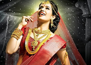 Elegant Indian Bride in Red Saree Wearing Traditional Gold Wedding Jewellery and Headpiece HD wallpaper