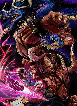 Monkey D. Luffy vs Kaido Dragon Form Epic Battle Scene One Piece Anime Wallpaper HD phone wallpaper