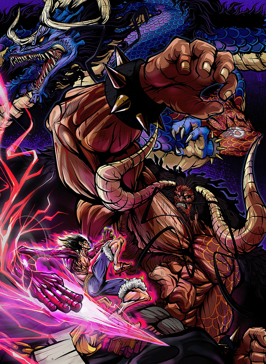 Monkey D. Luffy vs Kaido Dragon Form Epic Battle Scene One Piece Anime Wallpaper HD phone wallpaper