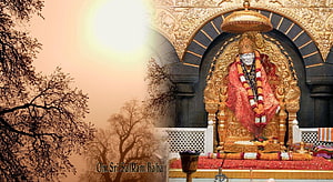 Sri Sai Ram Baba statue seated on golden throne in temple shrine with garlands and sunset background HD wallpaper