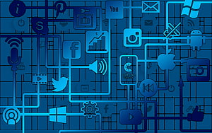 Blue Circuit Board Pattern Featuring Social Media and Technology Icons HD wallpaper