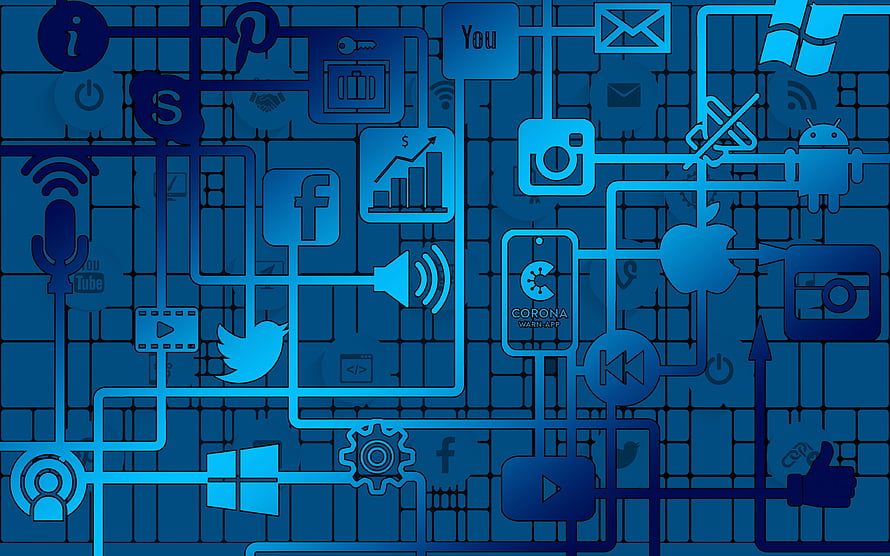 Blue Circuit Board Pattern Featuring Social Media and Technology Icons HD wallpaper