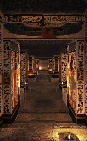 Ancient Egyptian Tomb Corridor with Hieroglyphs and Candlelight HD phone wallpaper