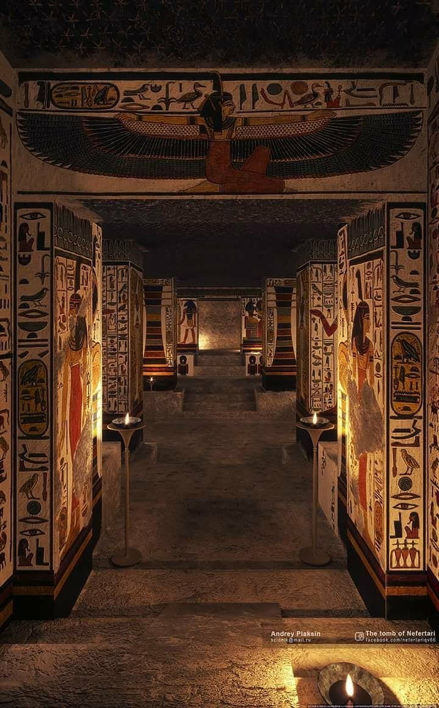 Ancient Egyptian Tomb Corridor with Hieroglyphs and Candlelight HD phone wallpaper
