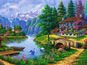 Serene Countryside Cottage by a River with Swans and Snow-Capped Mountains HD wallpaper