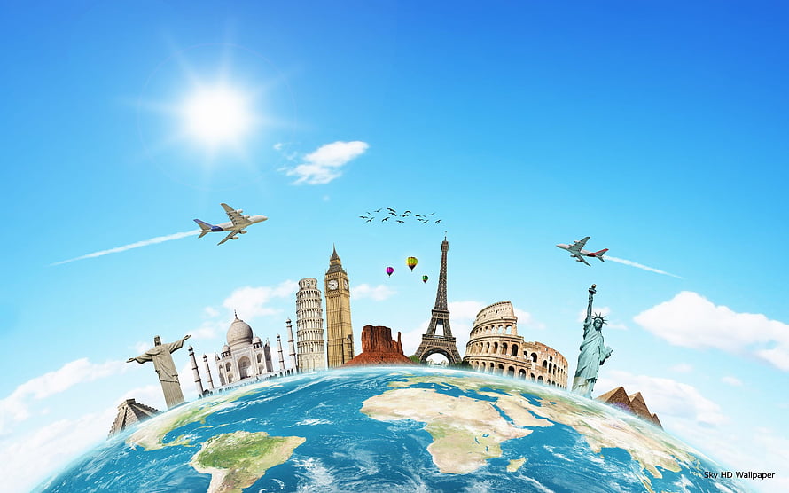 World Travel Concept with Global Landmarks on a Curved Earth Globe HD wallpaper