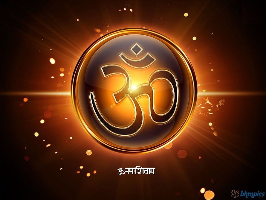 Glowing Golden Om Symbol with Radiant Light Rays and Bokeh Particles on Dark Background HD wallpaper