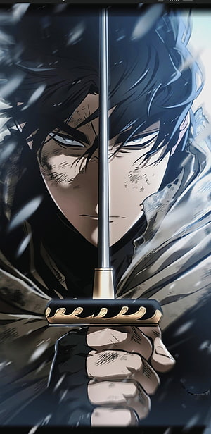 Intense Anime Warrior Gripping Sword in Dramatic Close-Up HD phone wallpaper