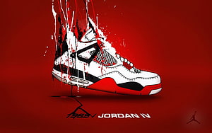 Air Jordan IV Retro White Cement sneaker illustration with red and black paint splatter on red background HD wallpaper
