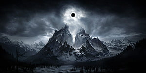Dark Fantasy Landscape With Snowy Mountains And Solar Eclipse HD wallpaper
