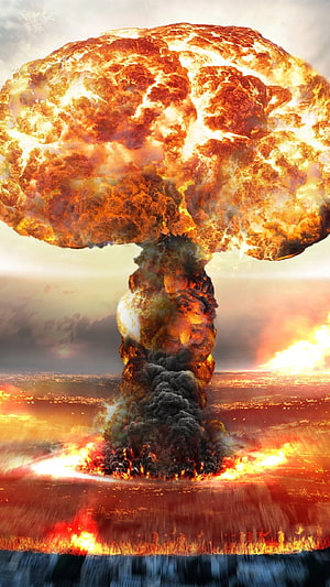 Massive Nuclear Mushroom Cloud Rising Over a Scorched Landscape in Dramatic Cinematic Style HD phone wallpaper