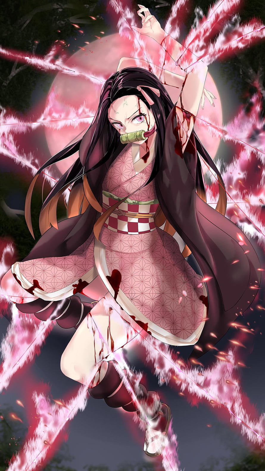 Nezuko Kamado in Pink Kimono with Bamboo Cuff and Blood Splatter HD phone wallpaper