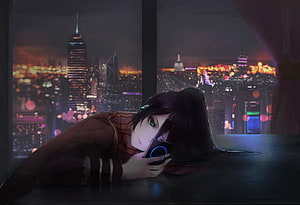 Anime Girl Lying on Windowsill with Phone Against Nighttime City Skyline HD wallpaper