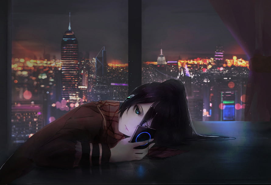 Anime Girl Lying on Windowsill with Phone Against Nighttime City Skyline HD wallpaper