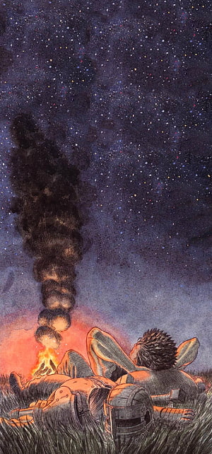 Two figures resting in grass by a campfire under a starry night sky with smoke rising HD phone wallpaper