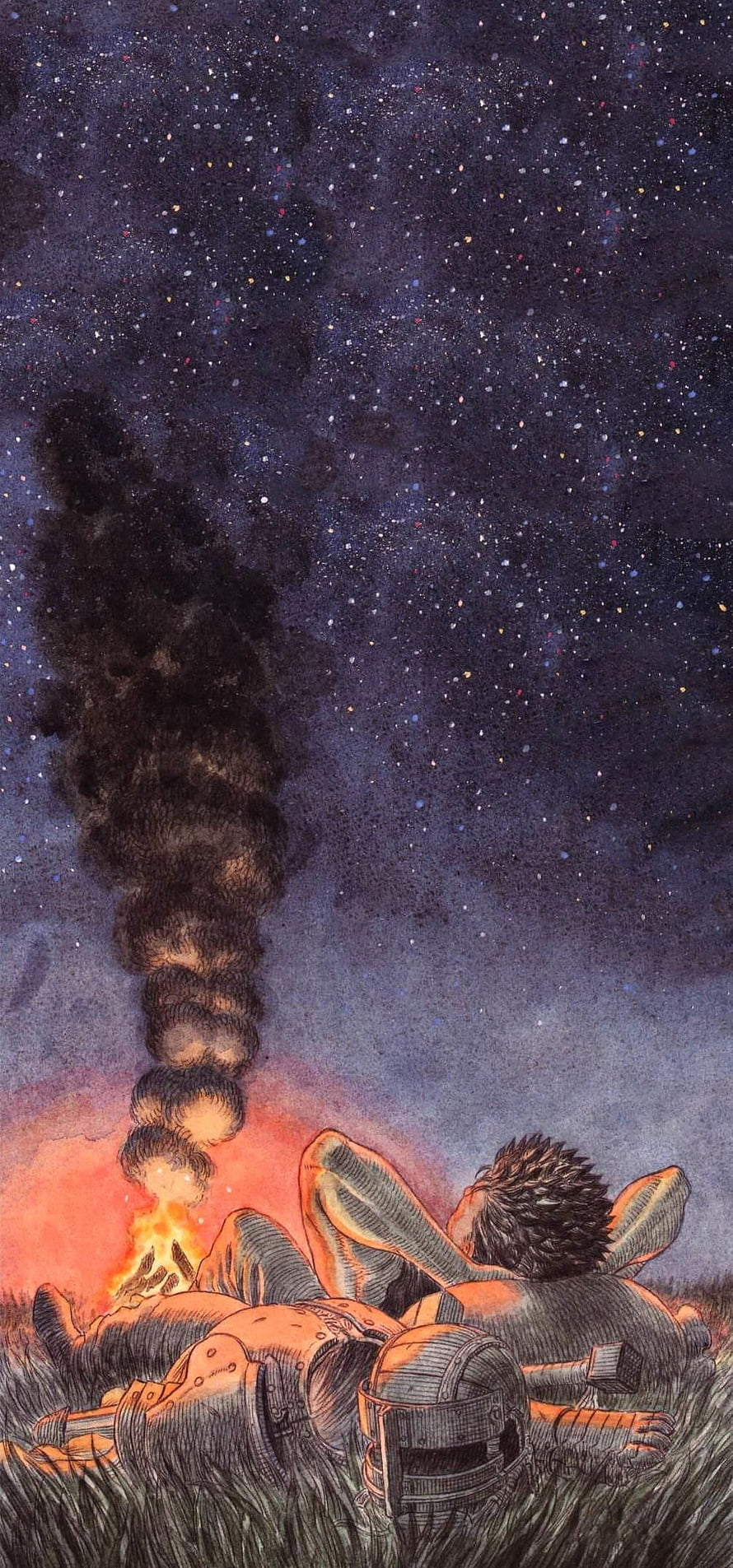 Two figures resting in grass by a campfire under a starry night sky with smoke rising HD phone wallpaper