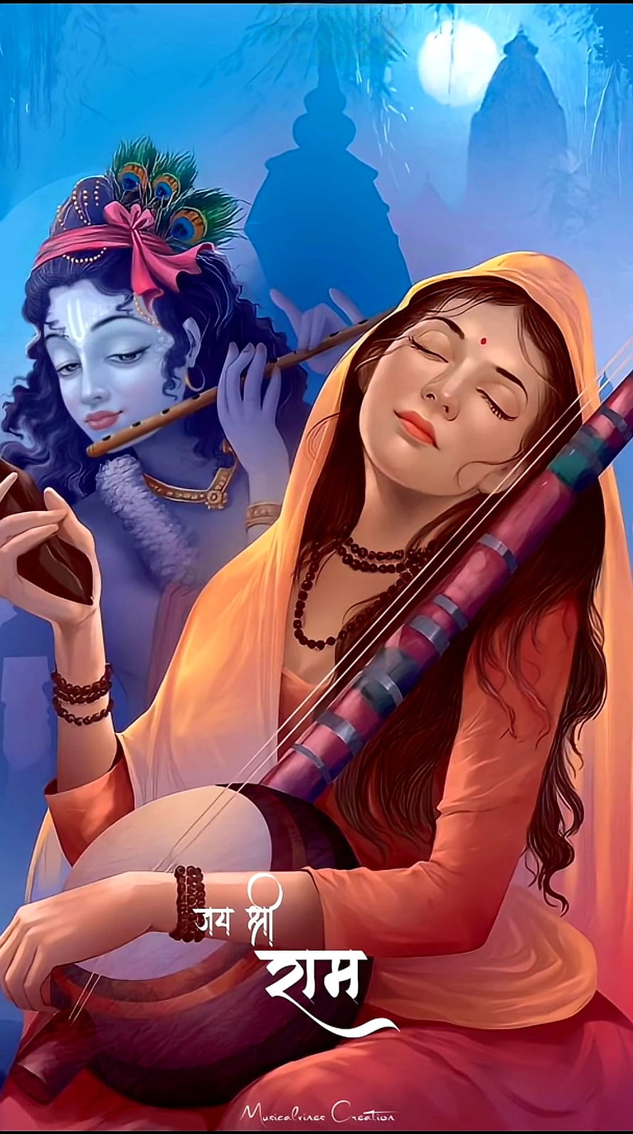 Meerabai Playing Veena With Krishna Playing Flute in Serene Spiritual Illustration HD phone wallpaper
