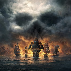 Dark Pirate Fleet Sailing Through Burning Stormy Seas HD phone wallpaper