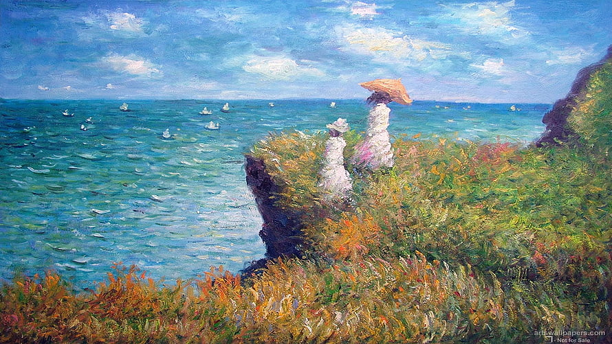 Claude Monet Impressionist Painting of Women on a Coastal Cliff Overlooking the Sea HD wallpaper