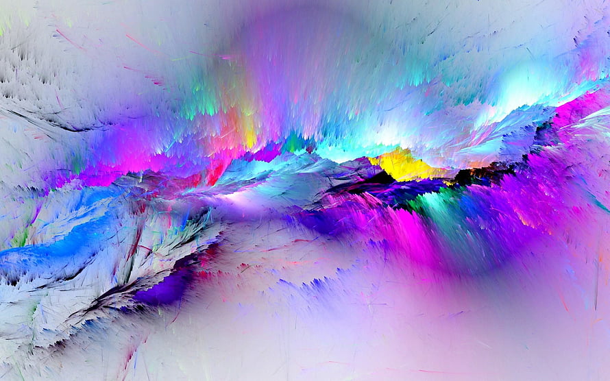 Vibrant Abstract Paint Splash with Neon Purple, Blue, and Pink Hues on a White Canvas HD wallpaper