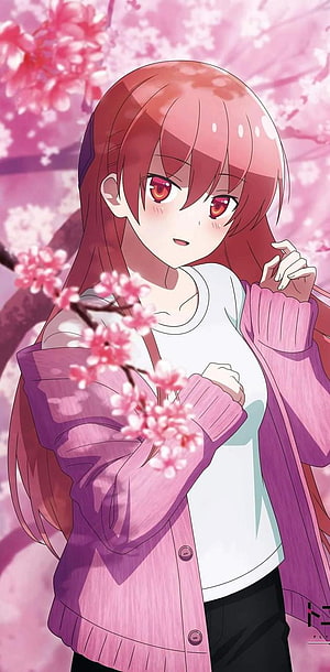 Yuzaki Tsukusa Anime Girl in Pink Cardigan Under Cherry Blossoms HD phone wallpaper