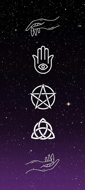 Celestial Protection Symbols: Hamsa, Pentagram, and Triquetra on a Starry Night Sky HD phone wallpaper