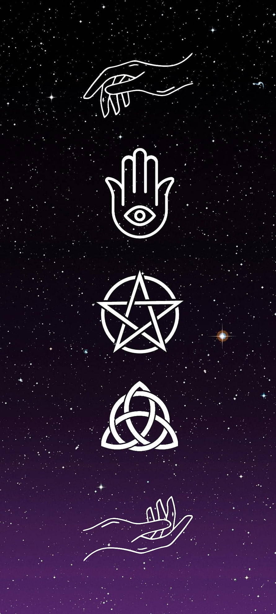 Celestial Protection Symbols: Hamsa, Pentagram, and Triquetra on a Starry Night Sky HD phone wallpaper